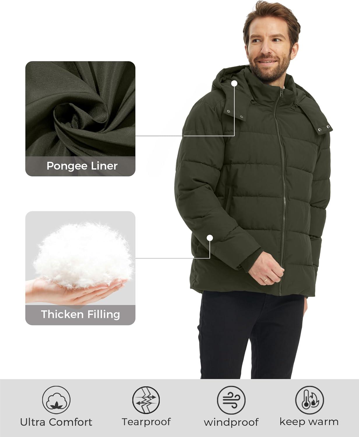 imagewantdo Mens Waterproof Puffer Jacket Warm Winter Coat Thicken Parka Jacket with Removable Hood Regular and Big SizeGreen