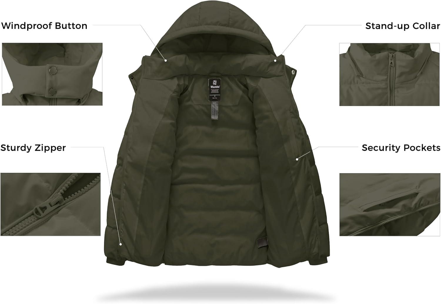 imagewantdo Mens Waterproof Puffer Jacket Warm Winter Coat Thicken Parka Jacket with Removable Hood Regular and Big SizeGreen