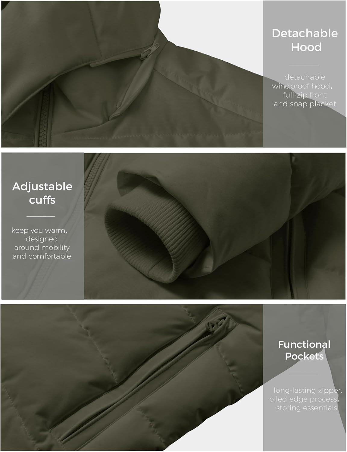 imagewantdo Mens Waterproof Puffer Jacket Warm Winter Coat Thicken Parka Jacket with Removable Hood Regular and Big SizeGreen