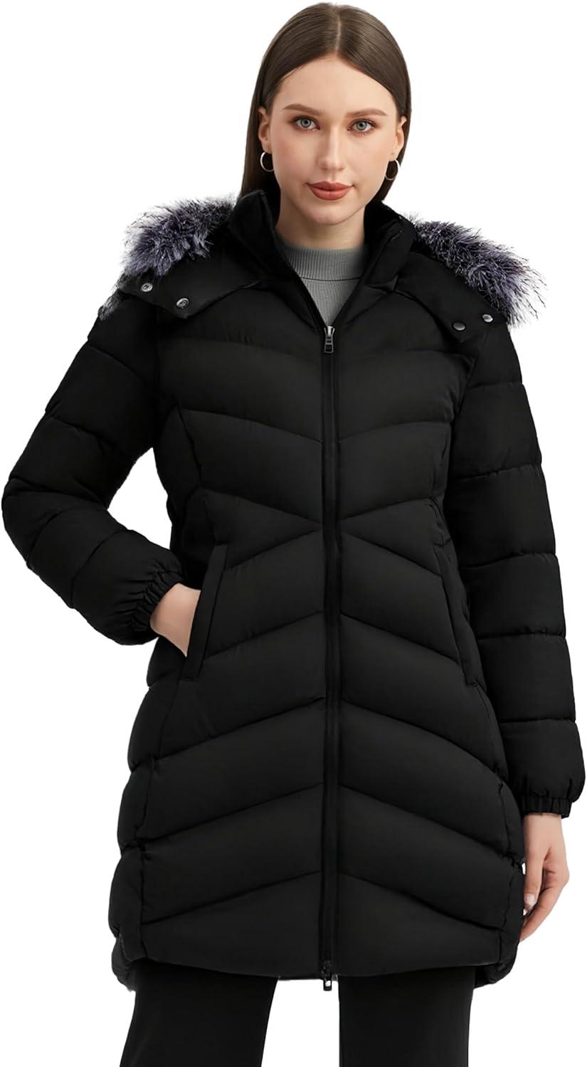 imagewantdo Womens Long Puffer Coat Lightweight Warm Jacket with HoodBlack