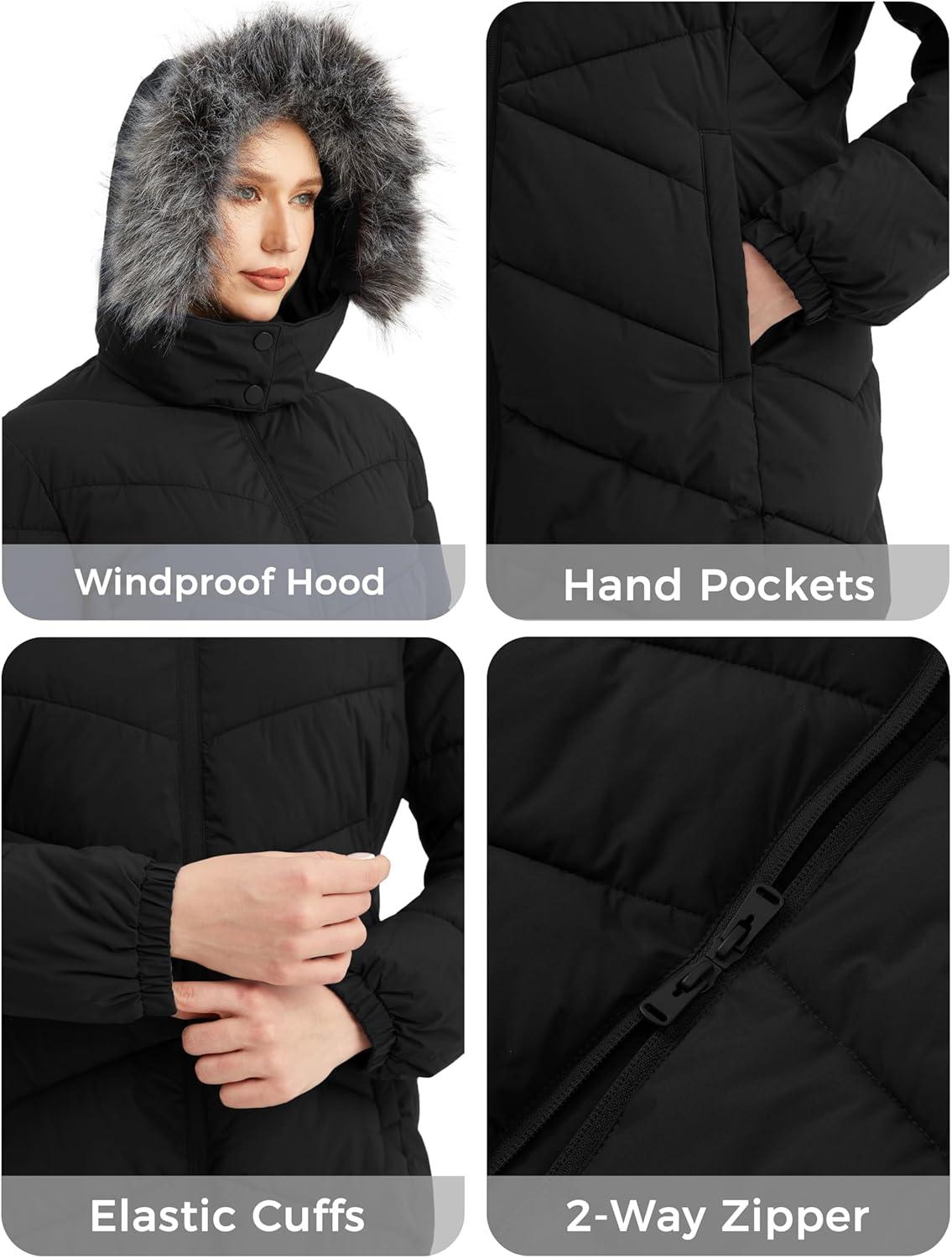 imagewantdo Womens Long Puffer Coat Lightweight Warm Jacket with HoodBlack