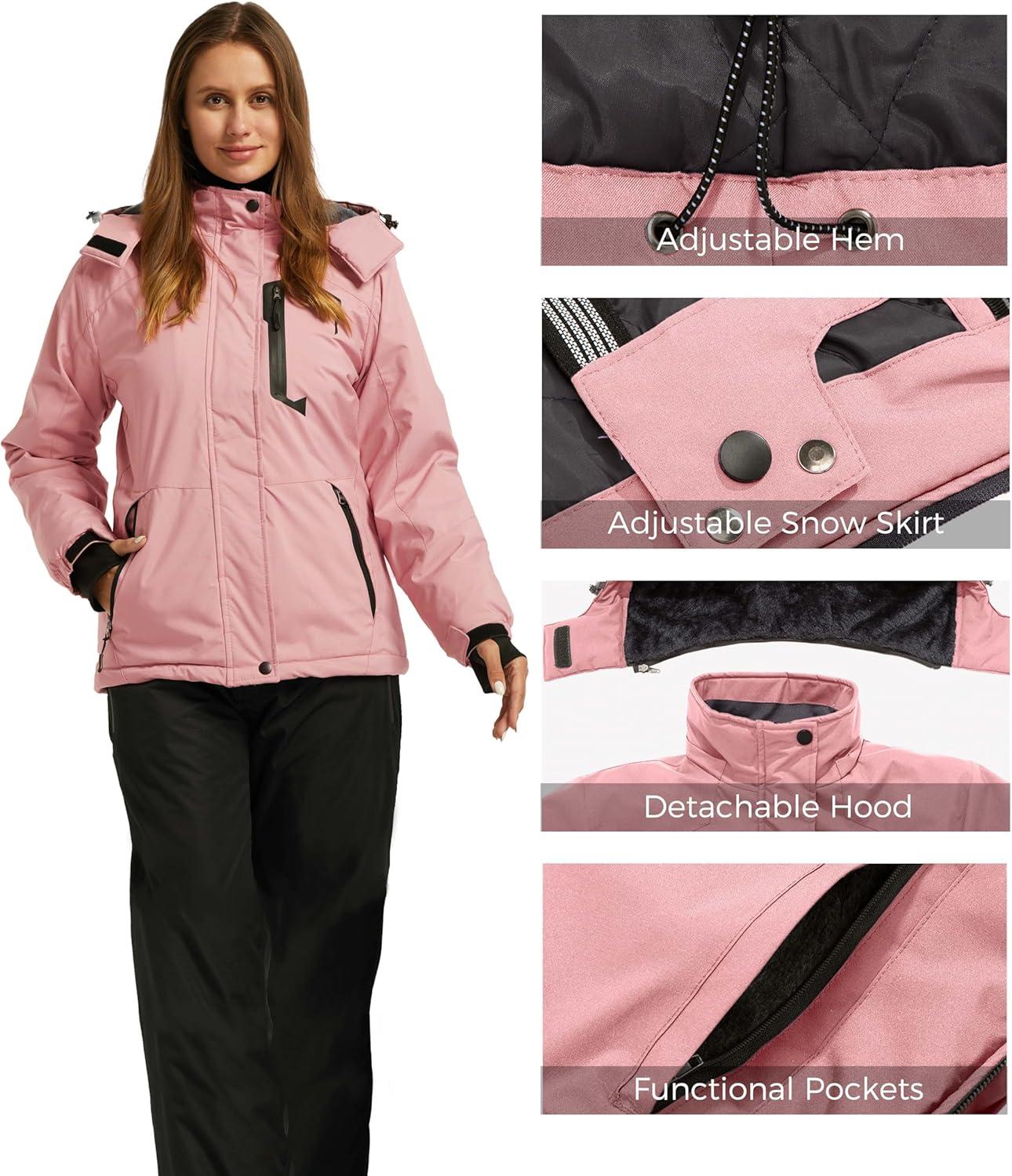 imagewantdo Womens Waterproof Ski Jacket Mountain Windproof Rain Jacket Winter Warm Snow CoatPink
