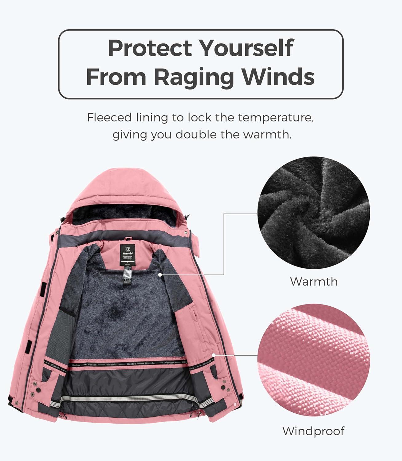 imagewantdo Womens Waterproof Ski Jacket Mountain Windproof Rain Jacket Winter Warm Snow CoatPink