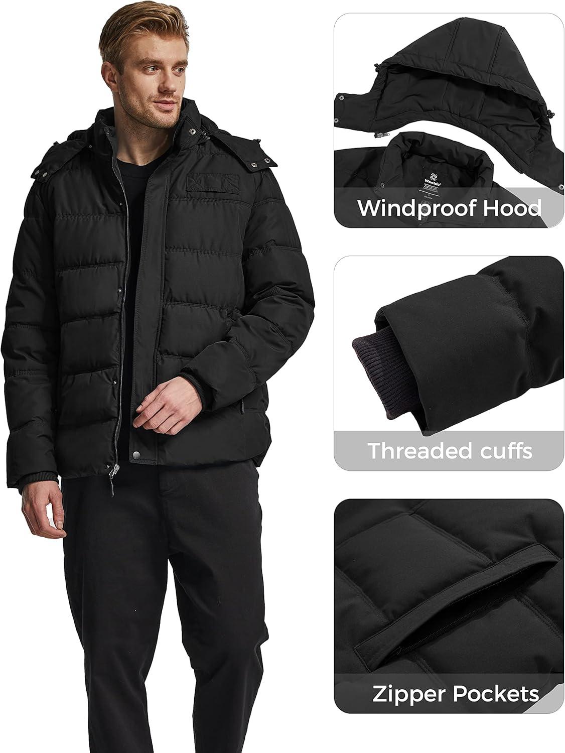 imageWantdo Mens Hooded Winter Coat Warm Puffer Jacket Thicken Cotton Coat with Removable HoodBlack
