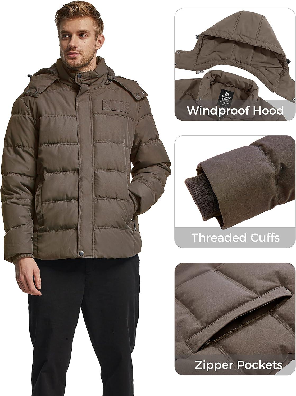 imageWantdo Mens Hooded Winter Coat Warm Puffer Jacket Thicken Cotton Coat with Removable HoodBrown