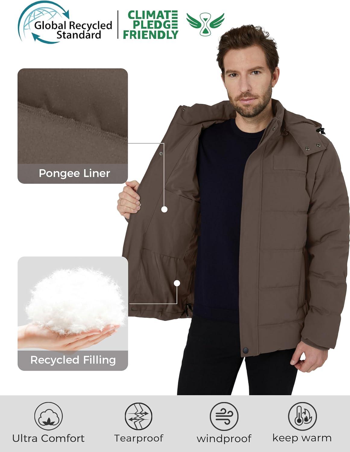 imageWantdo Mens Hooded Winter Coat Warm Puffer Jacket Thicken Cotton Coat with Removable HoodBrown