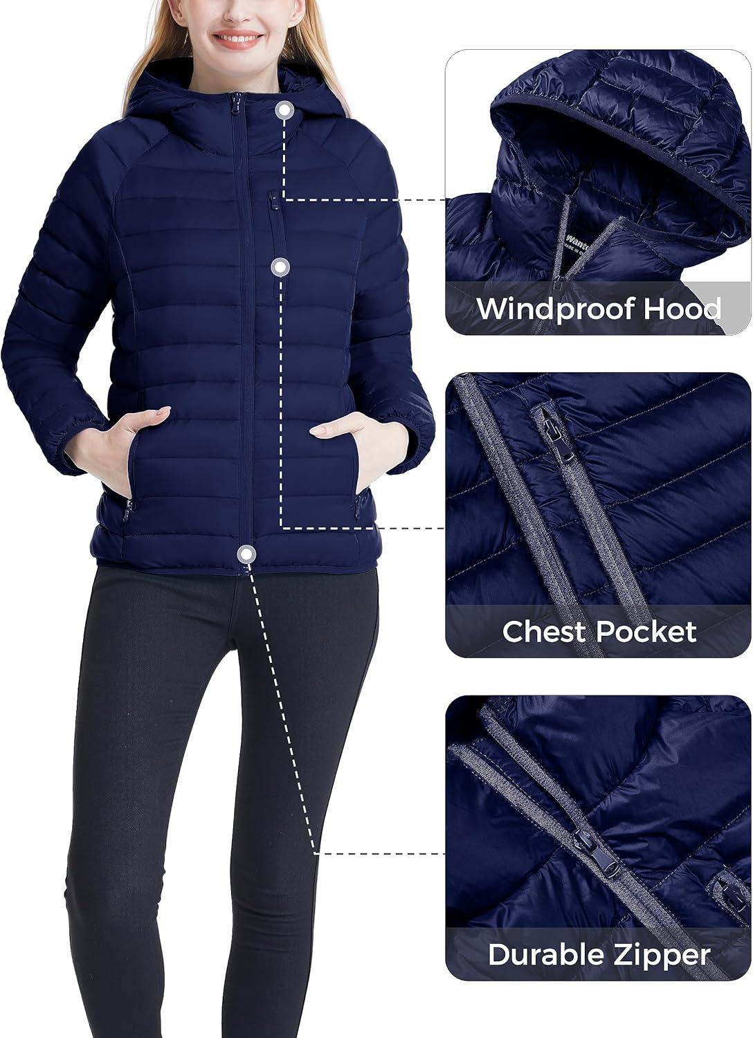 imageWantdo Womens Packable Down Jacket Lightweight Puffer Jacket Hooded Winter CoatNavy
