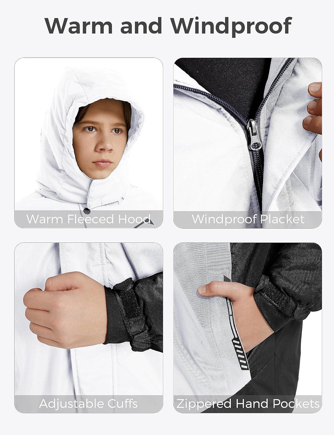 imagewantdo Boys Ski Jacket Warm Fleece Winter Coat Waterproof Snow Jacket Rain CoatWhite