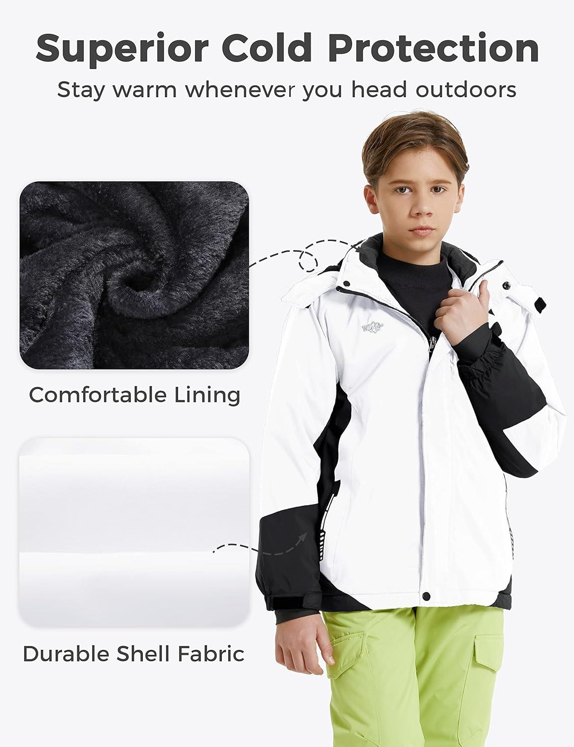 imagewantdo Boys Ski Jacket Warm Fleece Winter Coat Waterproof Snow Jacket Rain CoatWhite