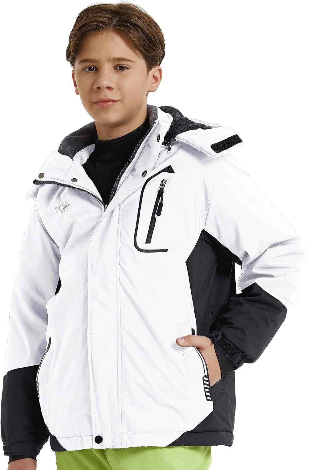 imagewantdo Boys Ski Jacket Warm Fleece Winter Coat Waterproof Snow Jacket Rain CoatWhite