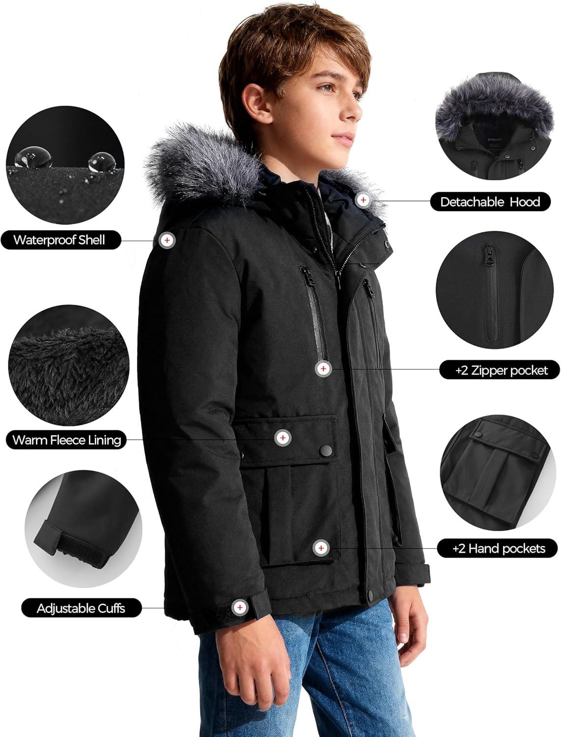 imagewantdo Boys Winter Coat Waterproof Windbreaker Snow Ski Jacket Warm Thick Kids Coats Rain JacketsBlack