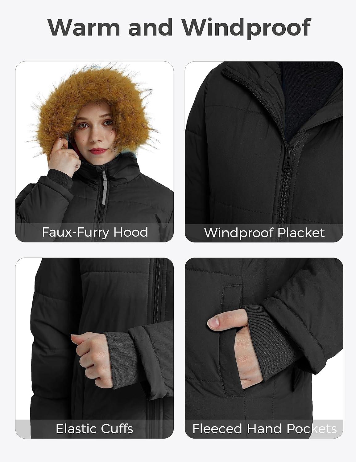 imagewantdo Girls Winter Coat Warm Waterproof Puffer Jacket with Removable Faux Fur HoodBlack