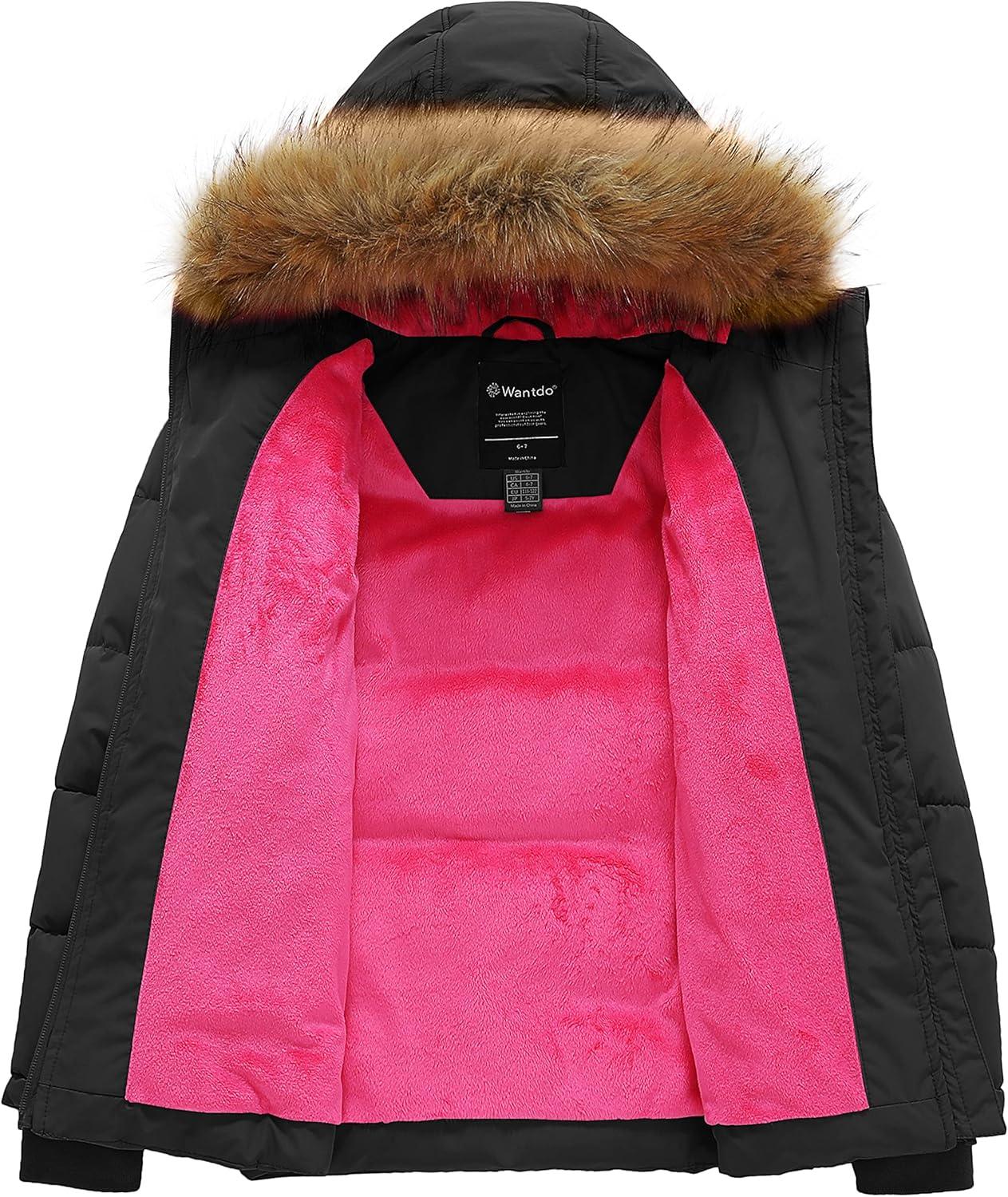 imagewantdo Girls Winter Coat Warm Waterproof Puffer Jacket with Removable Faux Fur HoodBlack