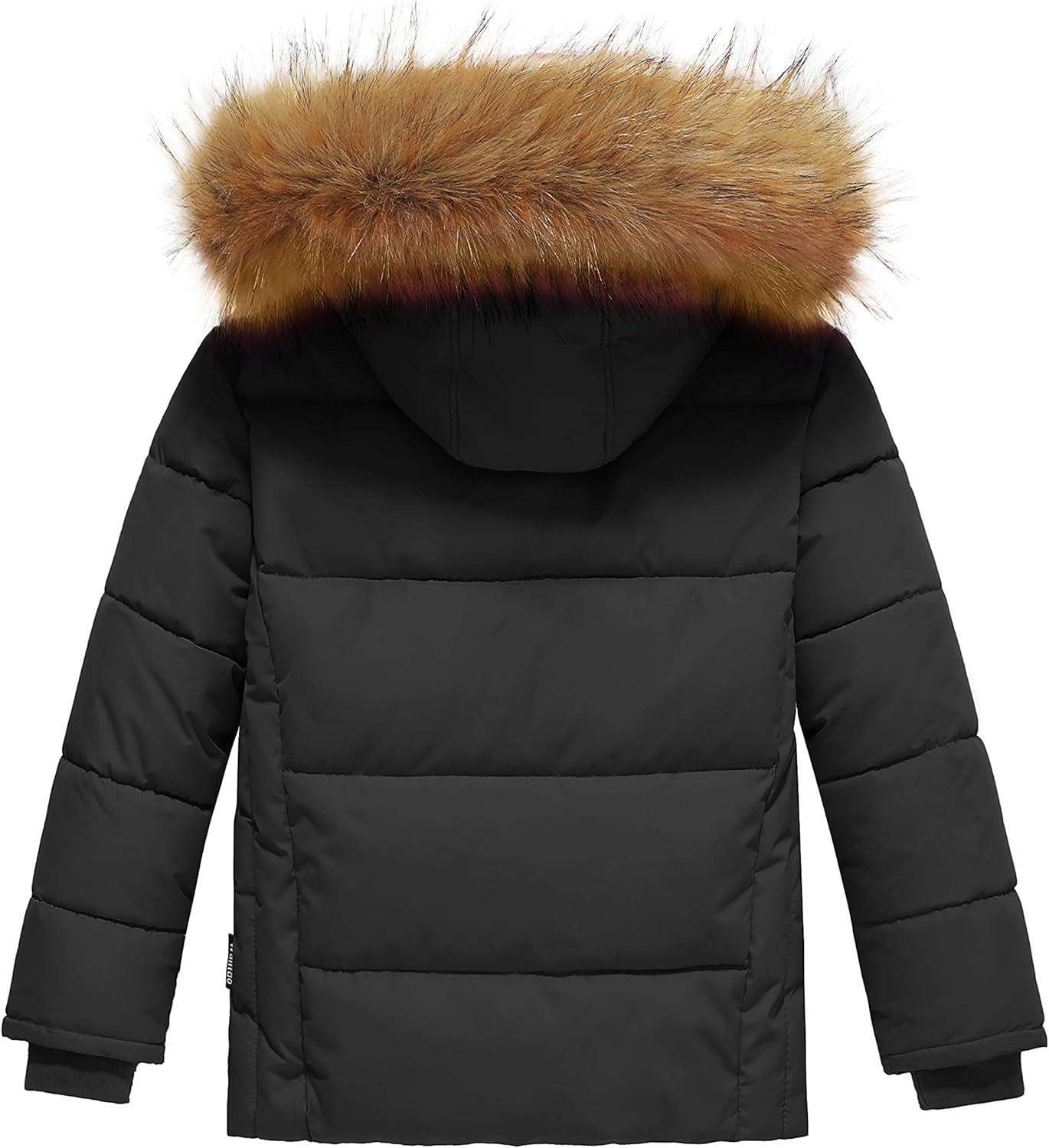 imagewantdo Girls Winter Coat Warm Waterproof Puffer Jacket with Removable Faux Fur HoodBlack