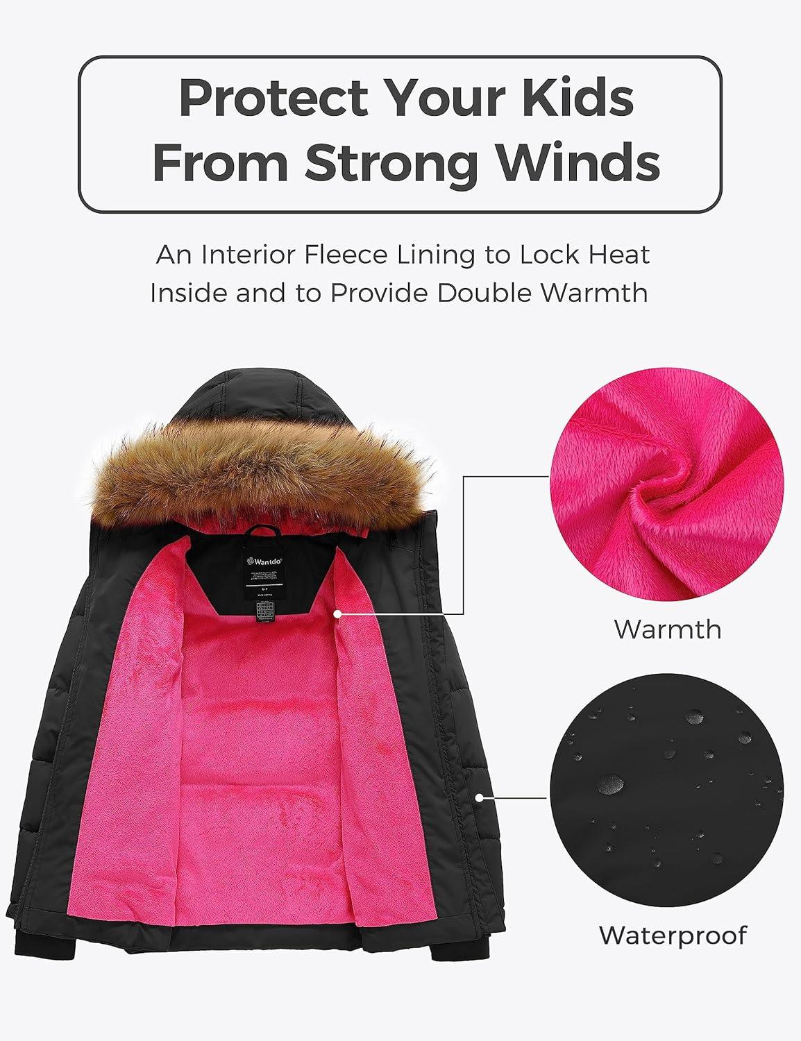 imagewantdo Girls Winter Coat Warm Waterproof Puffer Jacket with Removable Faux Fur HoodBlack