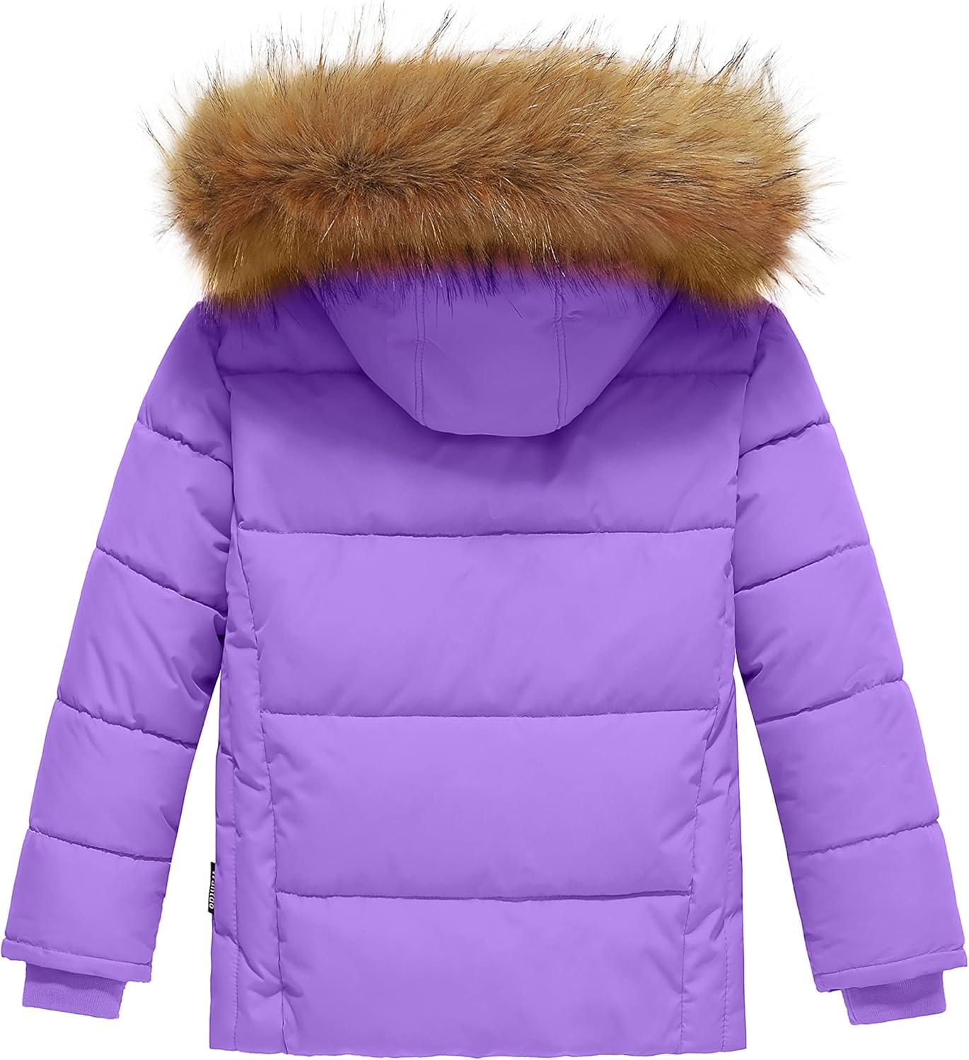 imagewantdo Girls Winter Coat Warm Waterproof Puffer Jacket with Removable Faux Fur HoodPurple