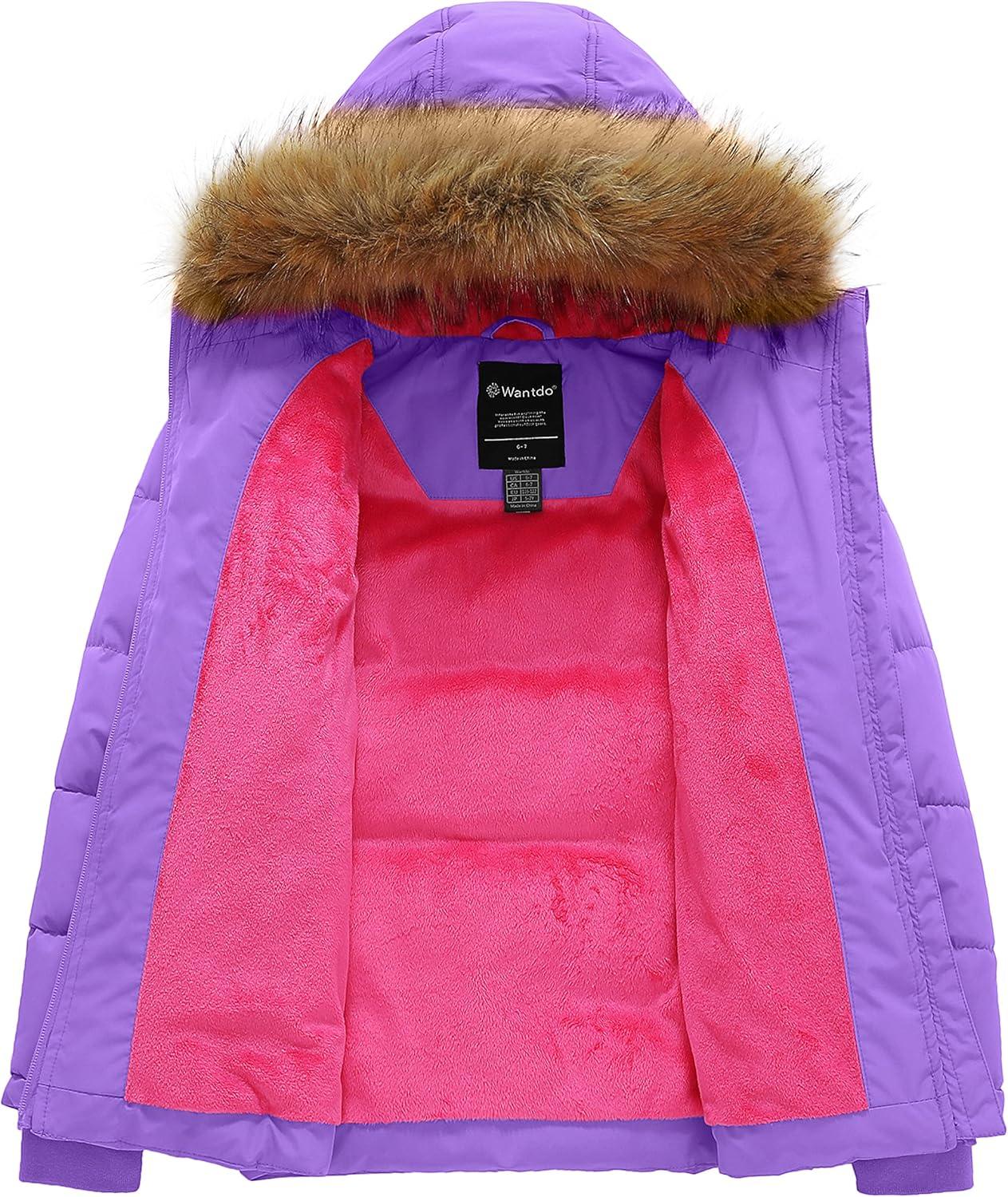 imagewantdo Girls Winter Coat Warm Waterproof Puffer Jacket with Removable Faux Fur HoodPurple