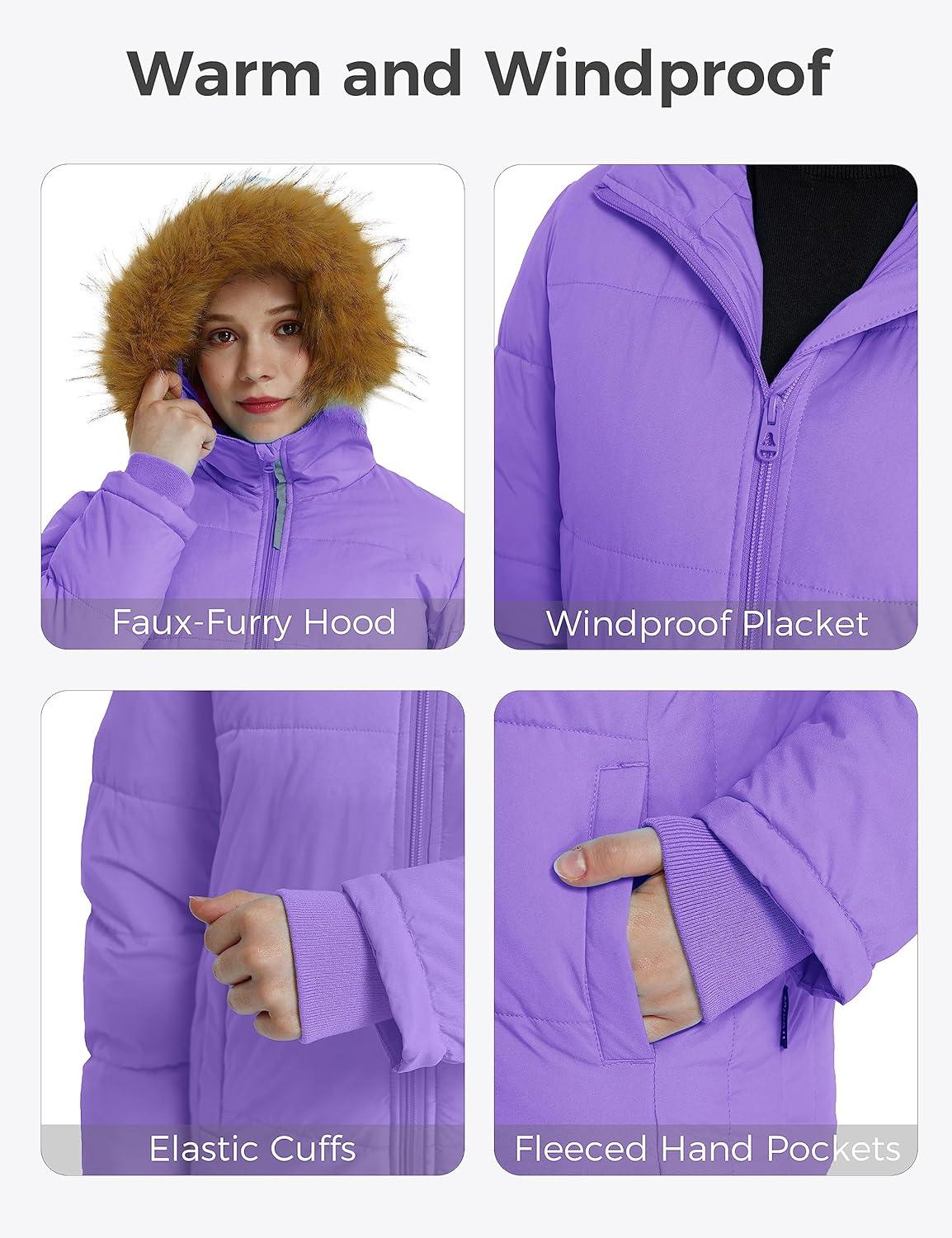 imagewantdo Girls Winter Coat Warm Waterproof Puffer Jacket with Removable Faux Fur HoodPurple