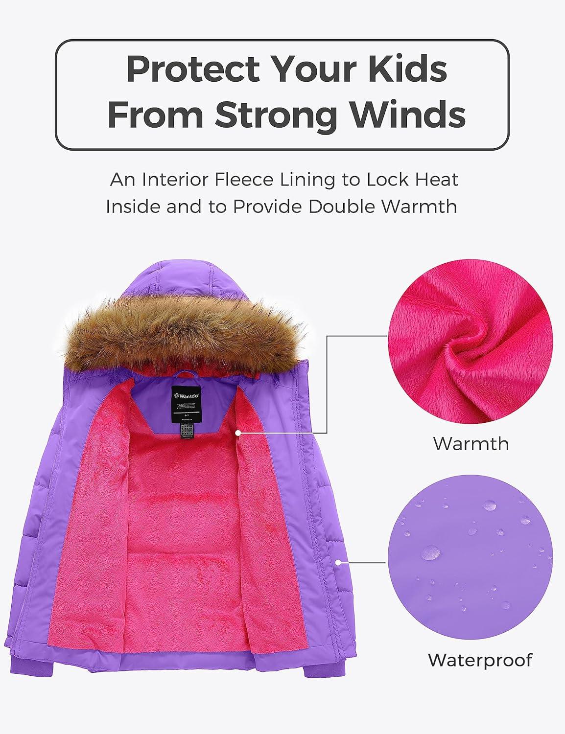 imagewantdo Girls Winter Coat Warm Waterproof Puffer Jacket with Removable Faux Fur HoodPurple