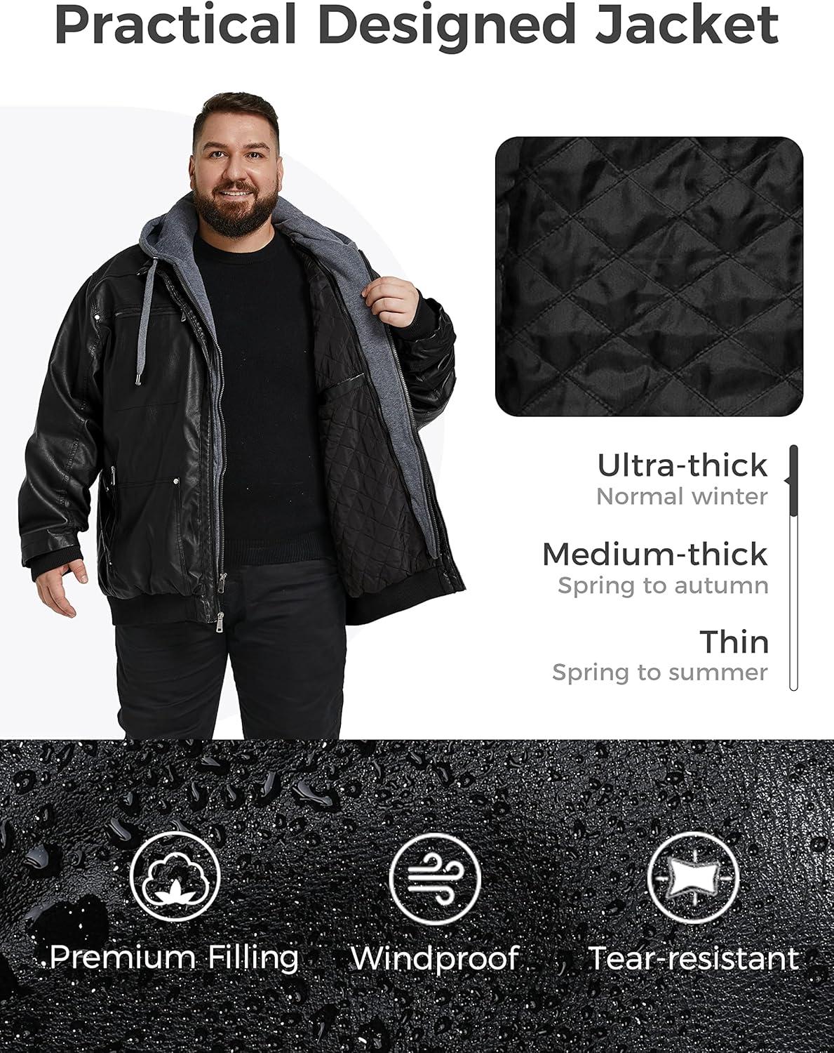 imagewantdo Mens Big and Tall PU Faux Leather Jacket ZipUp Motorcycle Bomer Jacket Casual Winter Coat with Removable HoodBlack