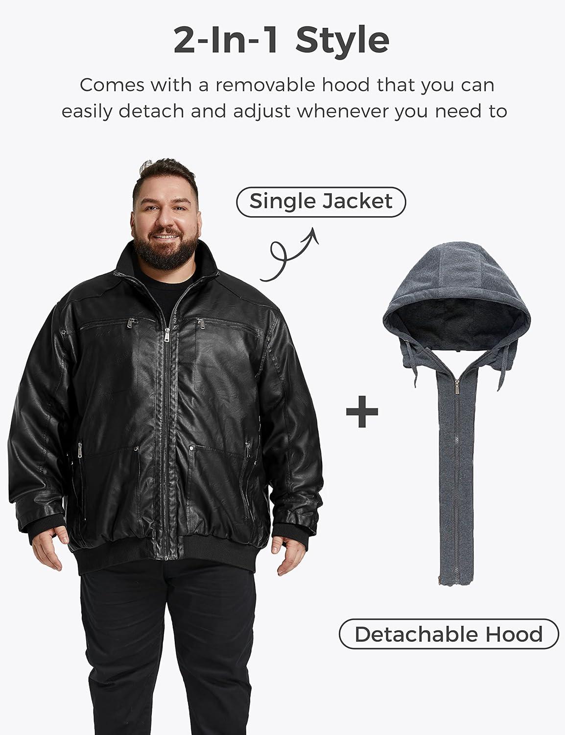 imagewantdo Mens Big and Tall PU Faux Leather Jacket ZipUp Motorcycle Bomer Jacket Casual Winter Coat with Removable HoodBlack