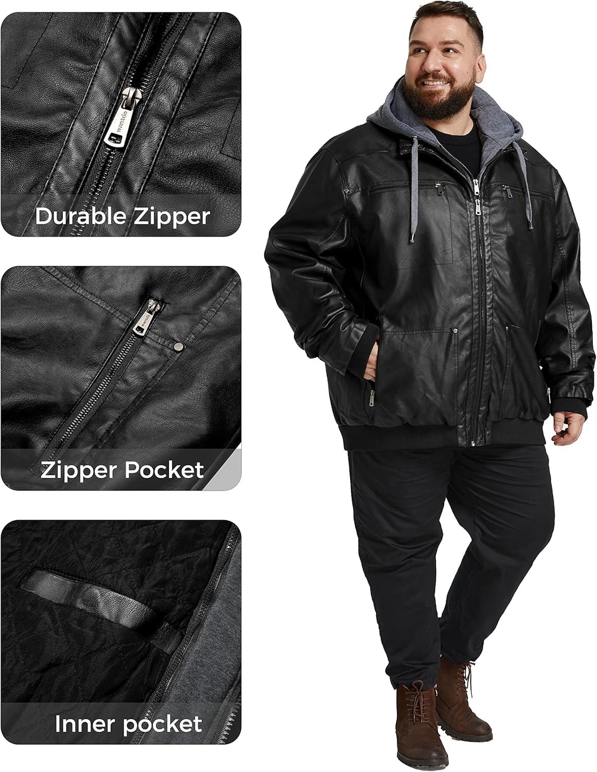 imagewantdo Mens Big and Tall PU Faux Leather Jacket ZipUp Motorcycle Bomer Jacket Casual Winter Coat with Removable HoodBlack