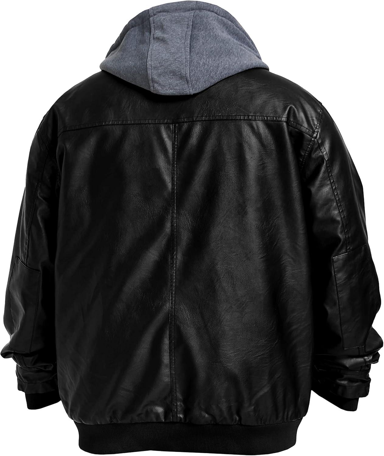 imagewantdo Mens Big and Tall PU Faux Leather Jacket ZipUp Motorcycle Bomer Jacket Casual Winter Coat with Removable HoodBlack
