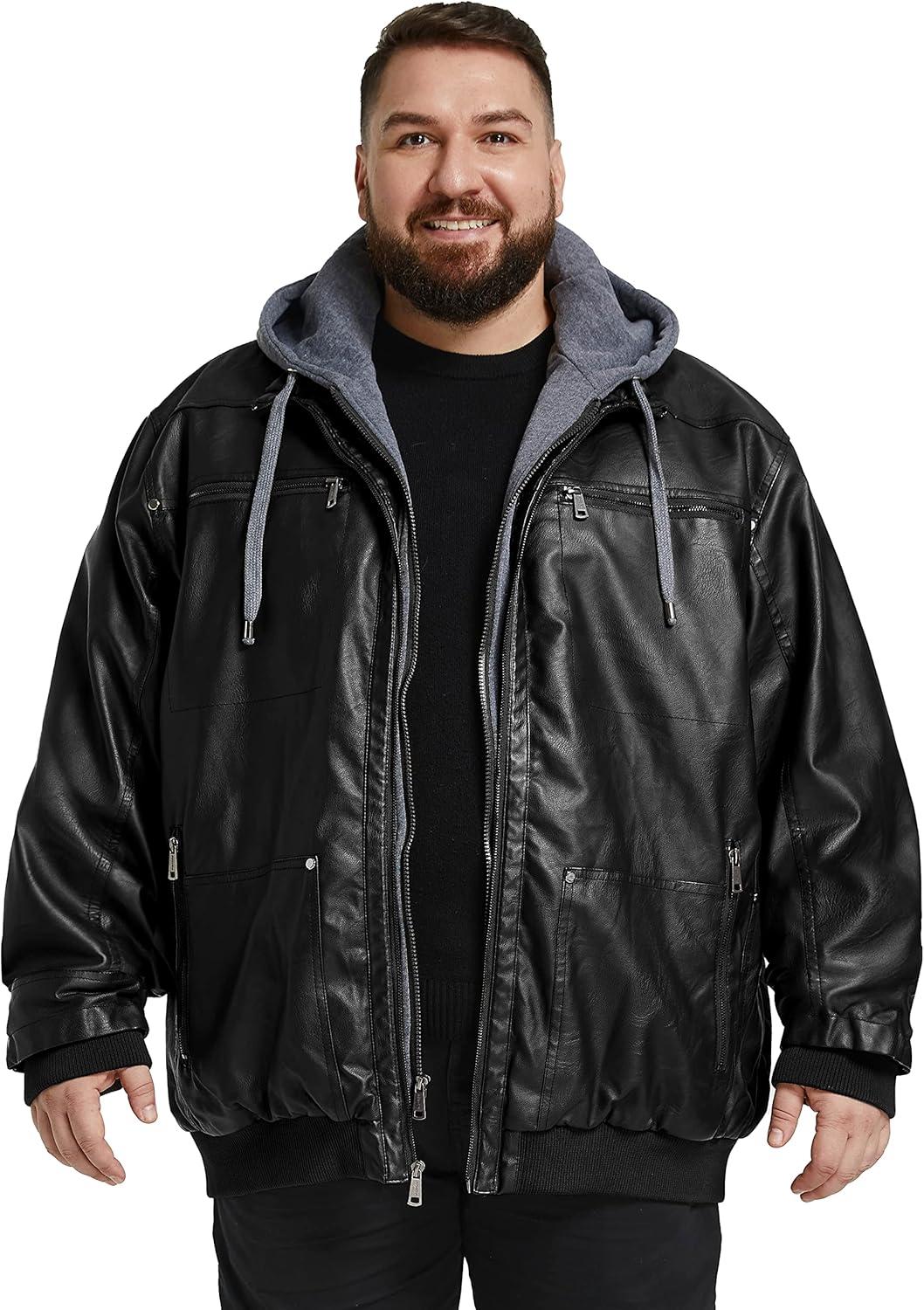 imagewantdo Mens Big and Tall PU Faux Leather Jacket ZipUp Motorcycle Bomer Jacket Casual Winter Coat with Removable HoodBlack