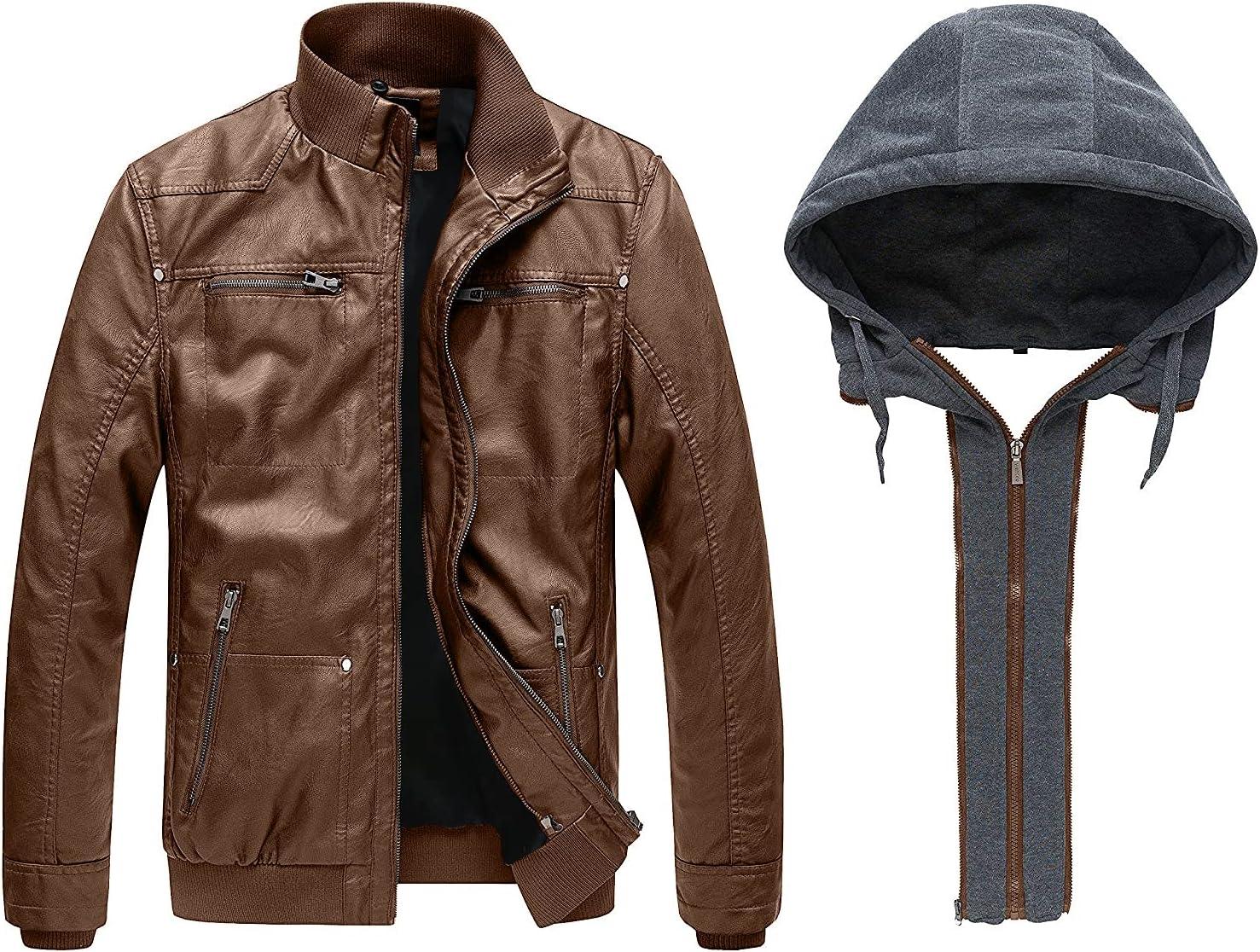imagewantdo Mens Faux Leather Jacket with Removable Hood Motorcycle Jacket Casual Warm Winter CoatBrownlightweight