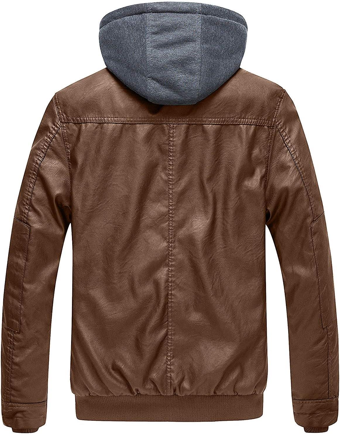 imagewantdo Mens Faux Leather Jacket with Removable Hood Motorcycle Jacket Casual Warm Winter CoatBrownlightweight