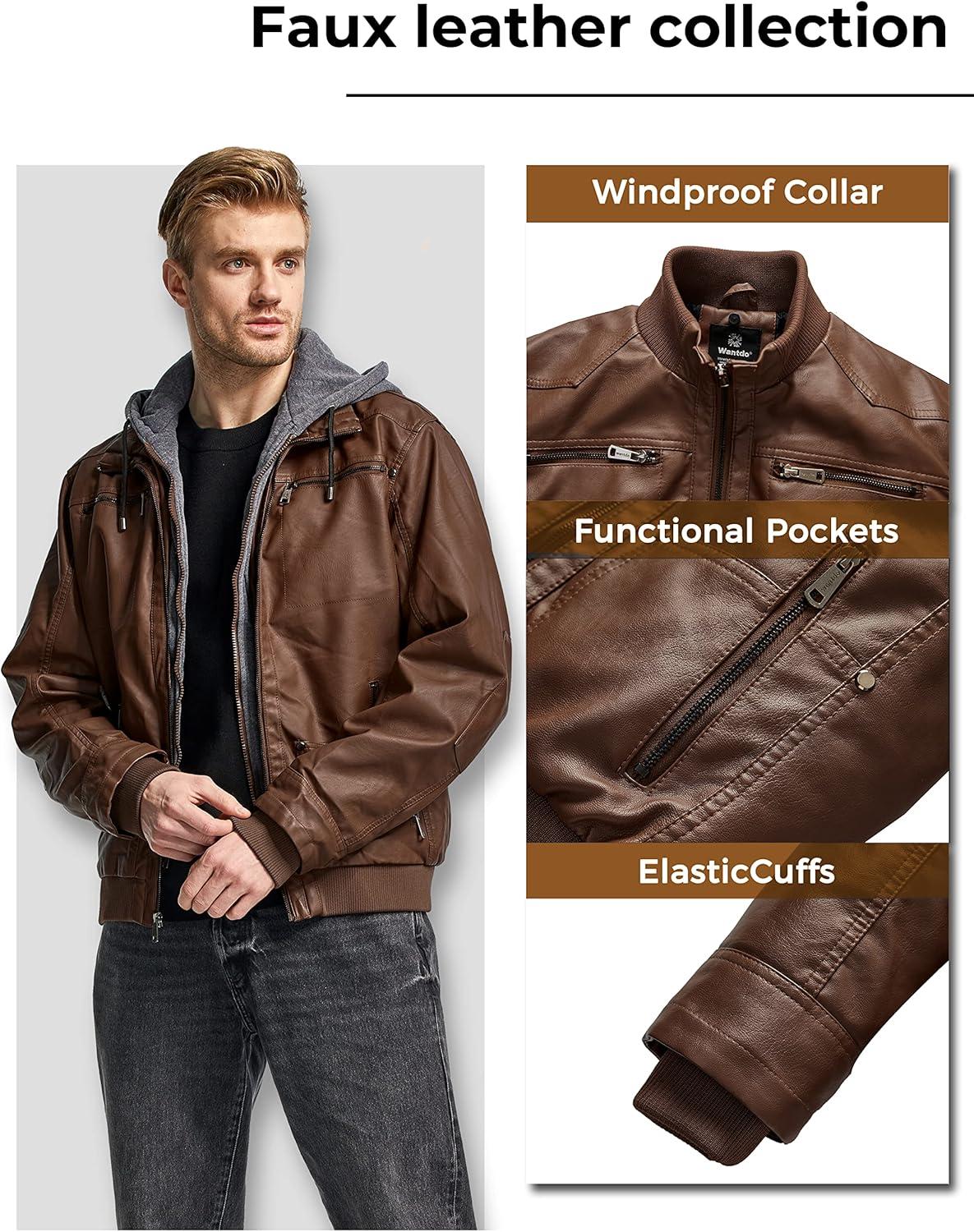 imagewantdo Mens Faux Leather Jacket with Removable Hood Motorcycle Jacket Casual Warm Winter CoatBrownlightweight