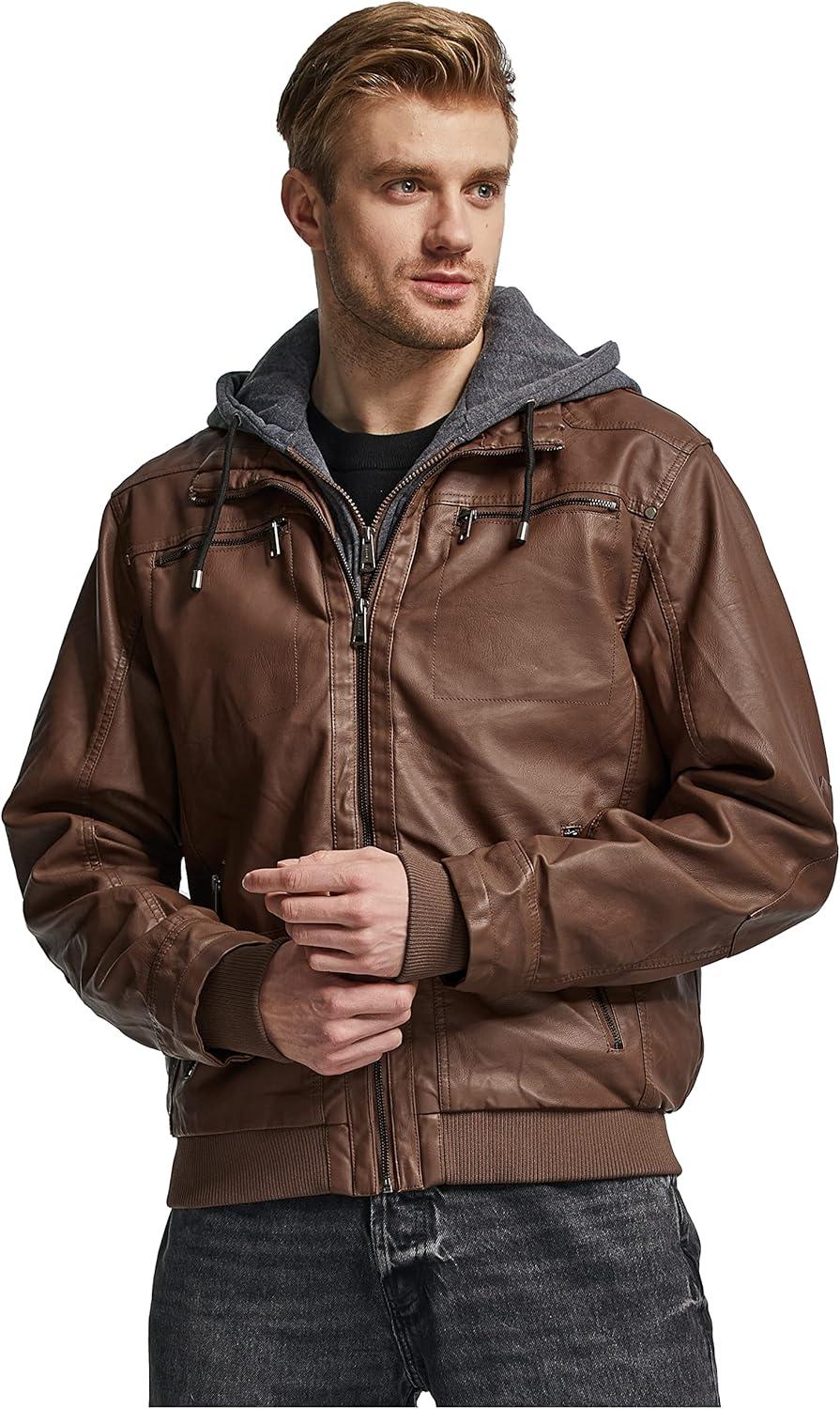 imagewantdo Mens Faux Leather Jacket with Removable Hood Motorcycle Jacket Casual Warm Winter CoatBrownlightweight