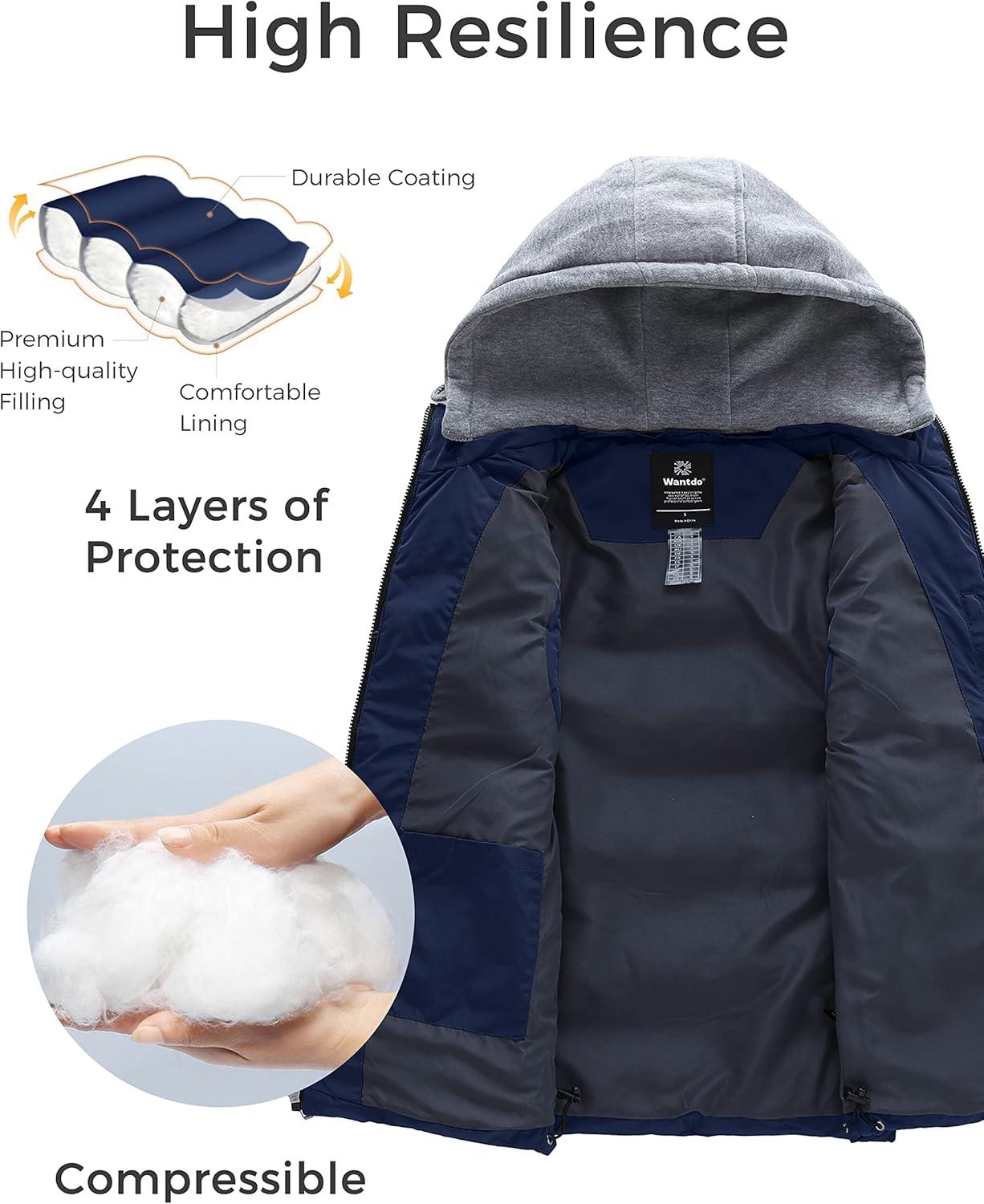 imagewantdo Mens Winter Vest Thick Padded Sleeveless Jacket Quilted Puffer Vest with Detachable HoodNavy