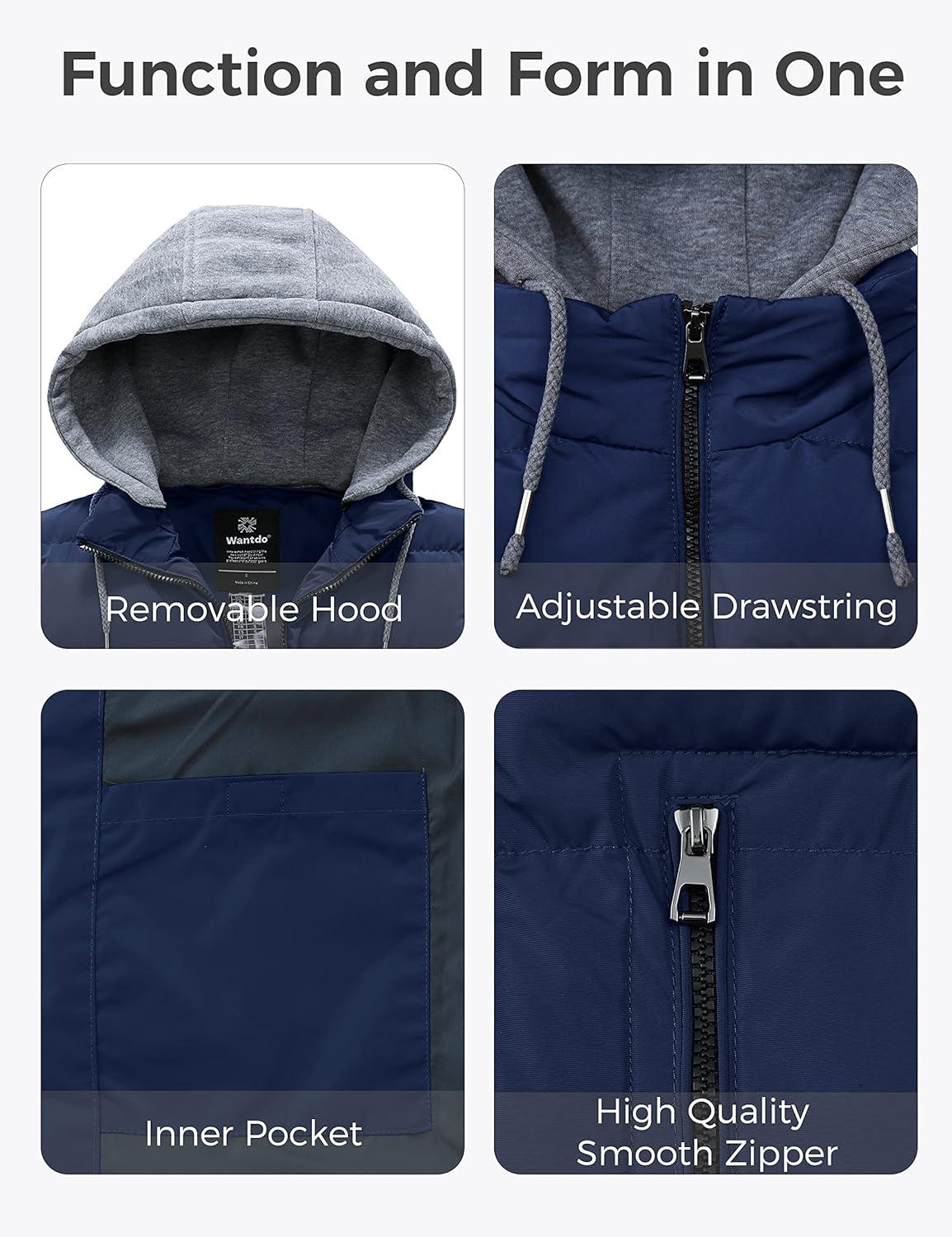imagewantdo Mens Winter Vest Thick Padded Sleeveless Jacket Quilted Puffer Vest with Detachable HoodNavy