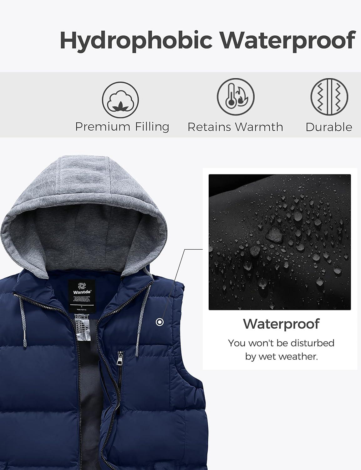 imagewantdo Mens Winter Vest Thick Padded Sleeveless Jacket Quilted Puffer Vest with Detachable HoodNavy