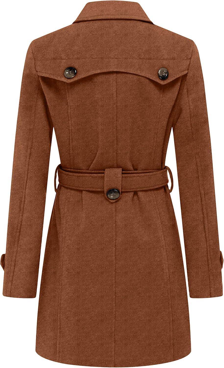 imagewantdo Womens Double Breasted Pea Coat Winter MidLong Trench Coat with BeltCaramel