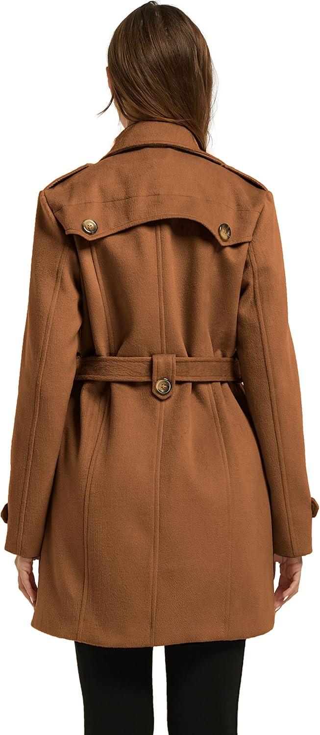 imagewantdo Womens Double Breasted Pea Coat Winter MidLong Trench Coat with BeltCaramel