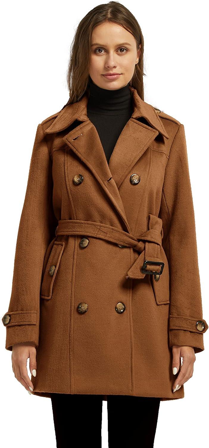 imagewantdo Womens Double Breasted Pea Coat Winter MidLong Trench Coat with BeltCaramel
