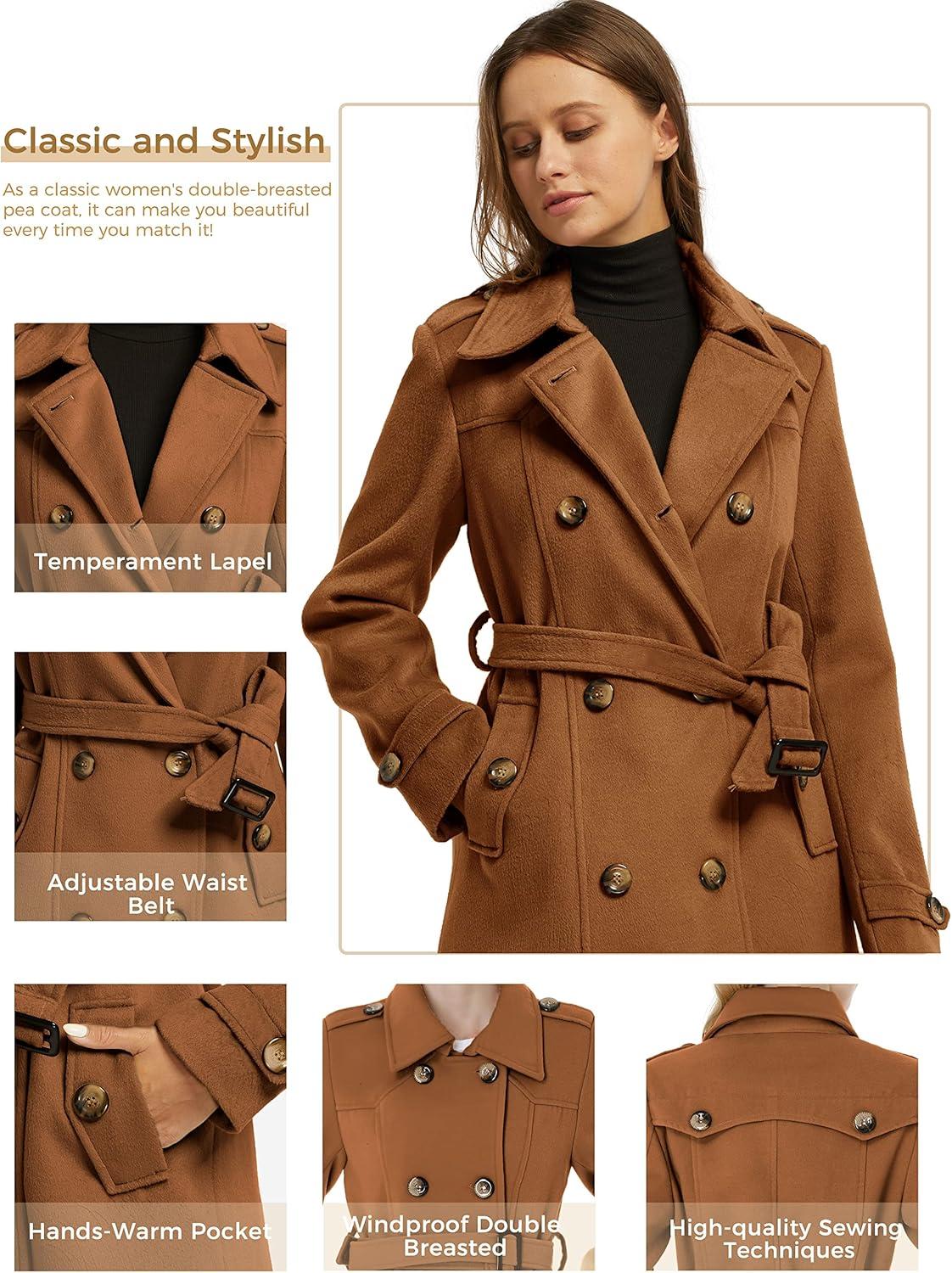 imagewantdo Womens Double Breasted Pea Coat Winter MidLong Trench Coat with BeltCaramel