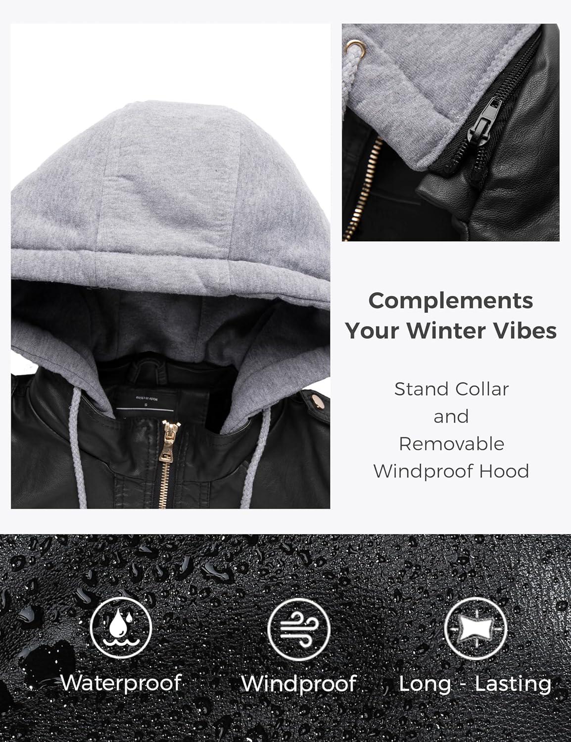 imagewantdo Womens Lightweight Leather Jacket Casual Motorcycle PU Biker Coat with Removable HoodPure Blacklightweight