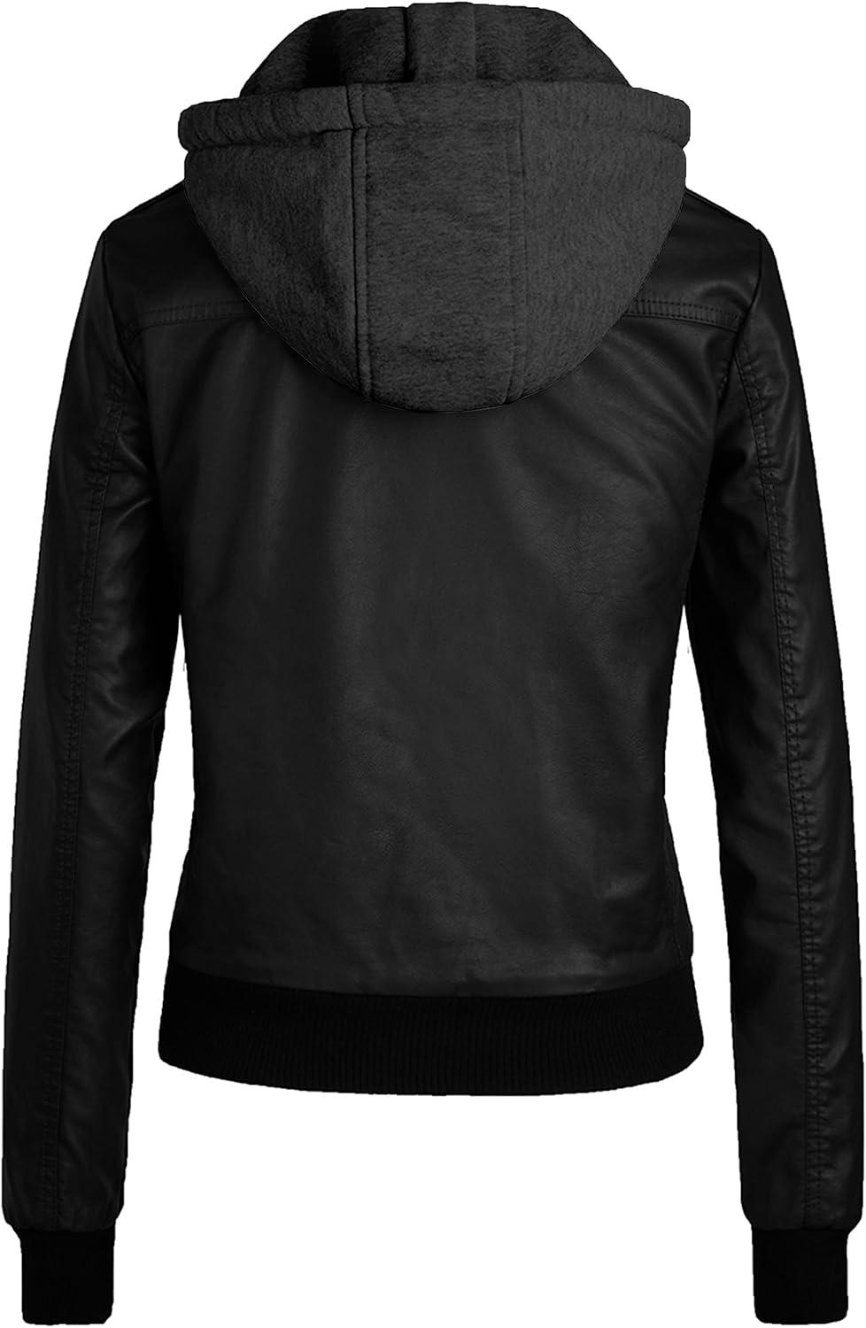 imagewantdo Womens Lightweight Leather Jacket Casual Motorcycle PU Biker Coat with Removable HoodPure Blacklightweight