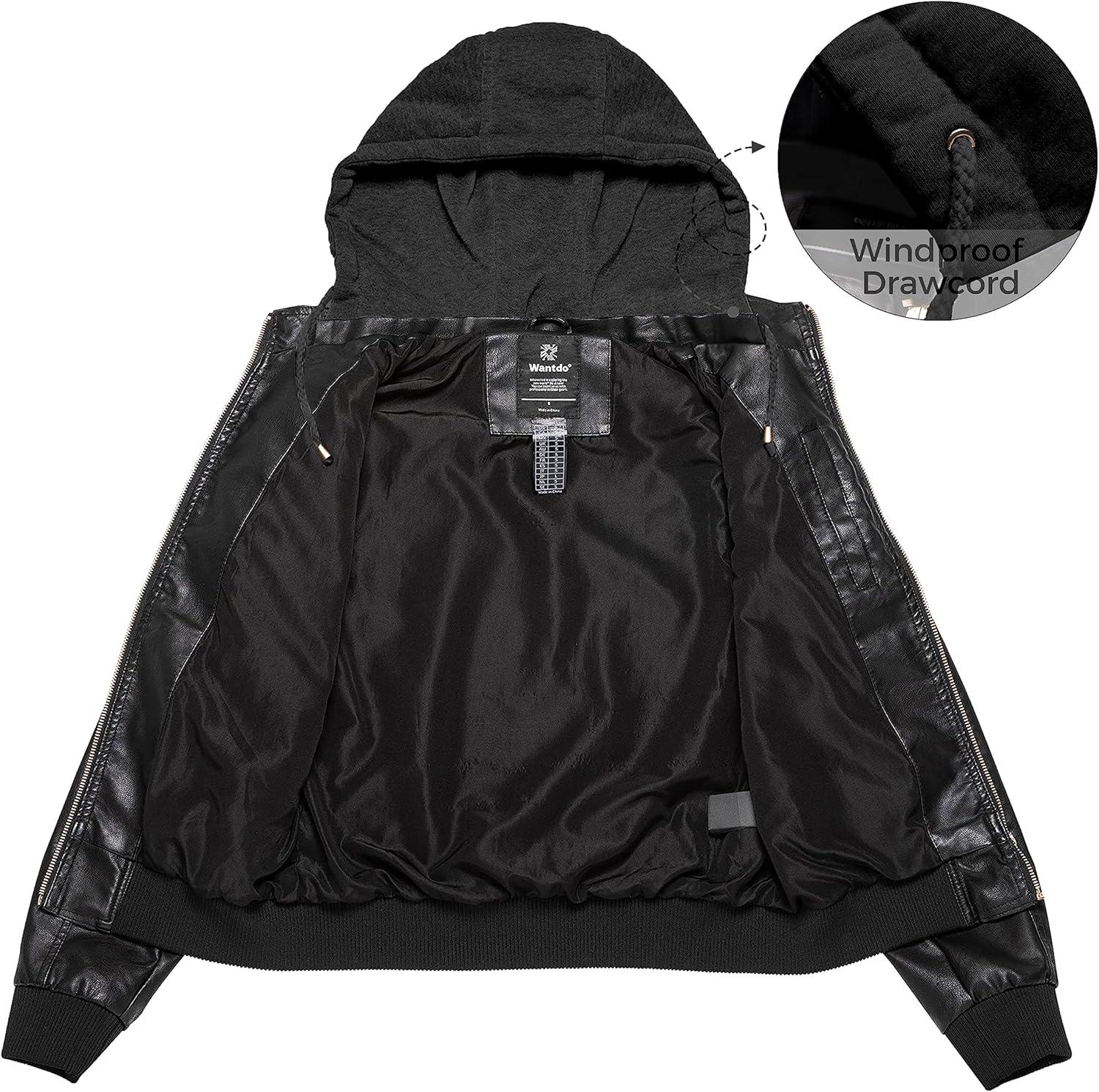 imagewantdo Womens Lightweight Leather Jacket Casual Motorcycle PU Biker Coat with Removable HoodPure Blacklightweight