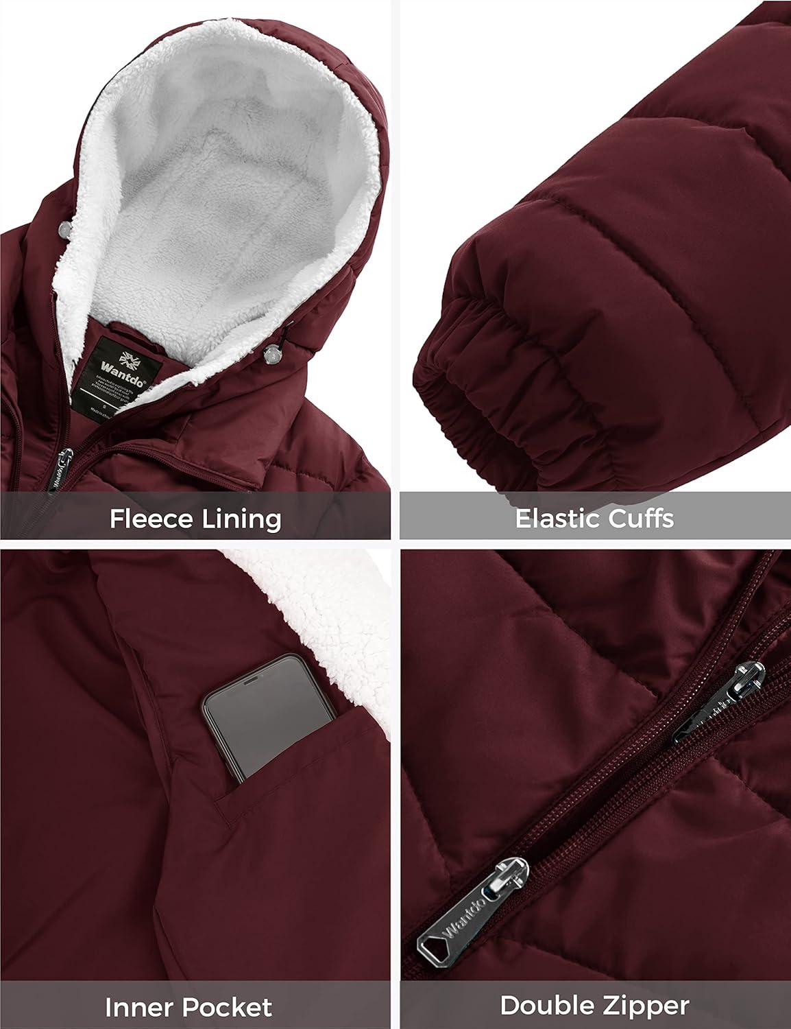 imagewantdo Womens Quilted Winter Coats Hooded Warm Puffer Jacket with Fleece HoodWine Red