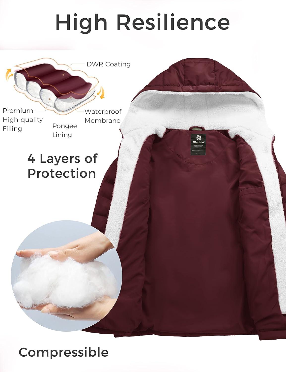 imagewantdo Womens Quilted Winter Coats Hooded Warm Puffer Jacket with Fleece HoodWine Red