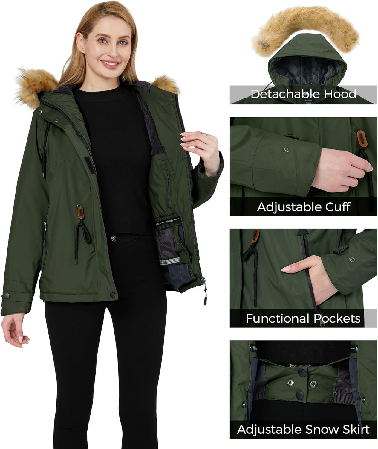 imagewantdo Womens Waterproof Ski Jacket Hooded Winter Snow Coat Mountain Snowboarding Jackets Insulated Fleece ParkaArmy Green