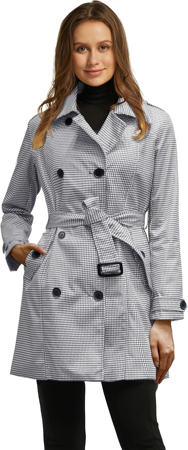 imagewantdo Womens Waterproof Trench Coat Classic Lapel Outerwear Coat with BeltBlack White Grid