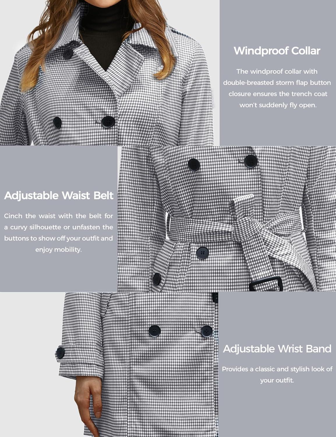 imagewantdo Womens Waterproof Trench Coat Classic Lapel Outerwear Coat with BeltBlack White Grid