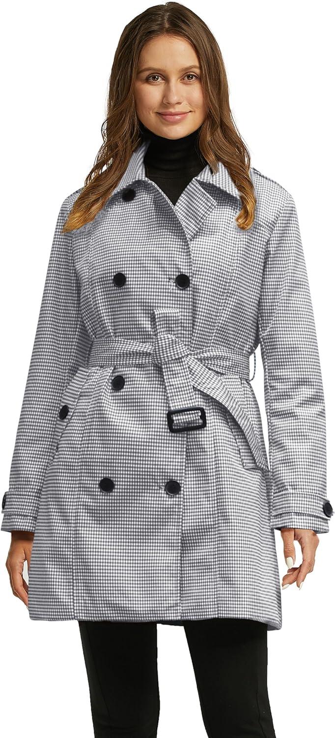 imagewantdo Womens Waterproof Trench Coat Classic Lapel Outerwear Coat with BeltBlack White Grid