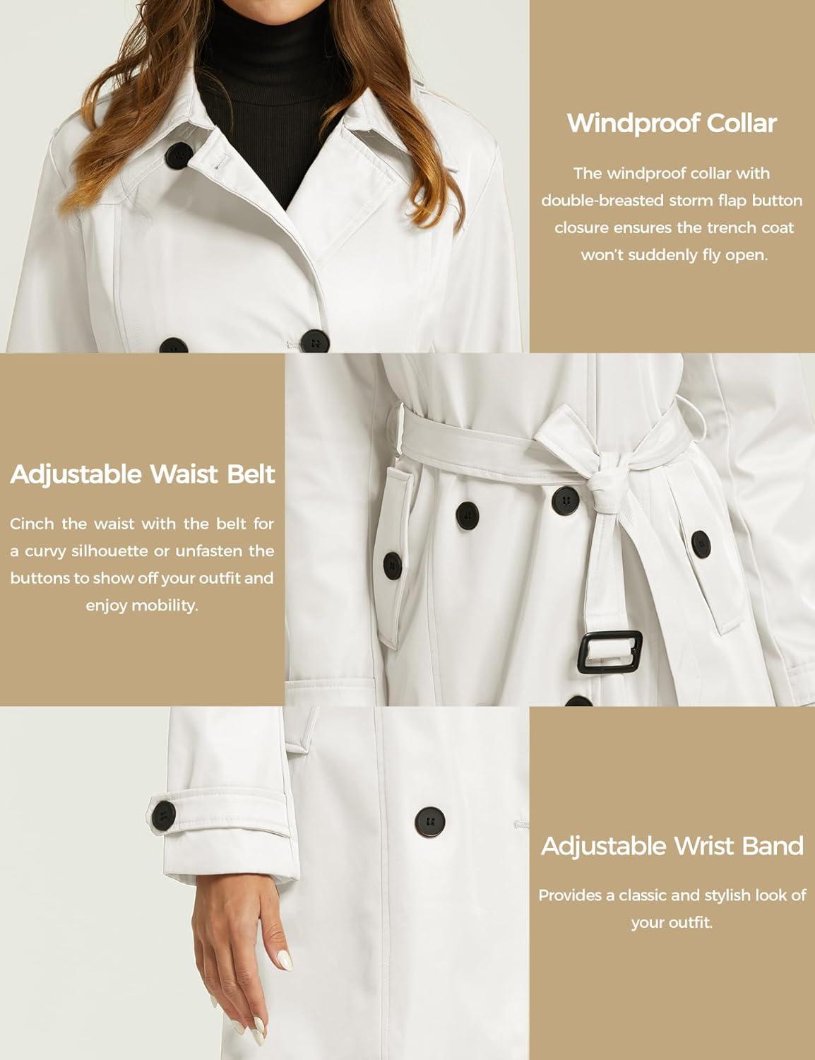 imagewantdo Womens Waterproof Trench Coat Classic Lapel Outerwear Coat with BeltCream