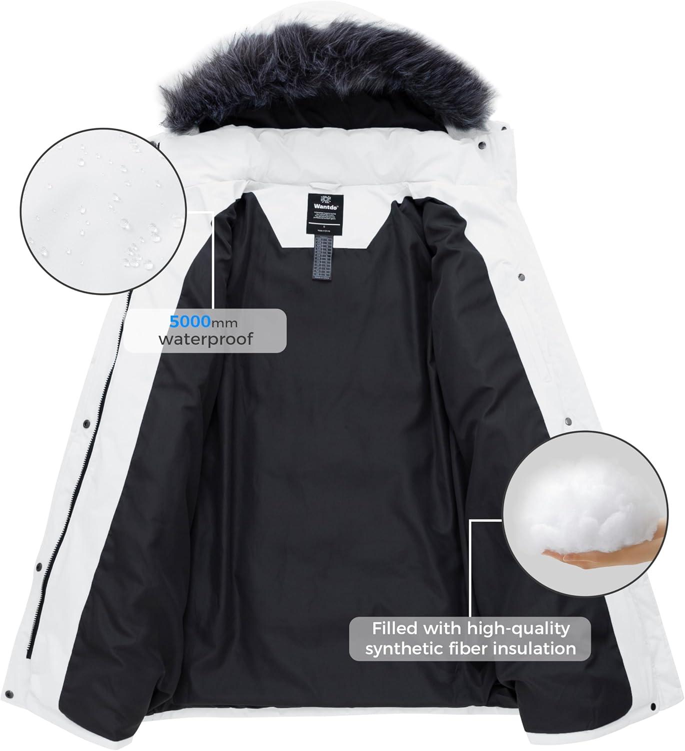 imagewantdo Womens Waterproof Winter Coat Warm Long Puffer Jackets with Faux Fur Hood Thicken ParkaWhite